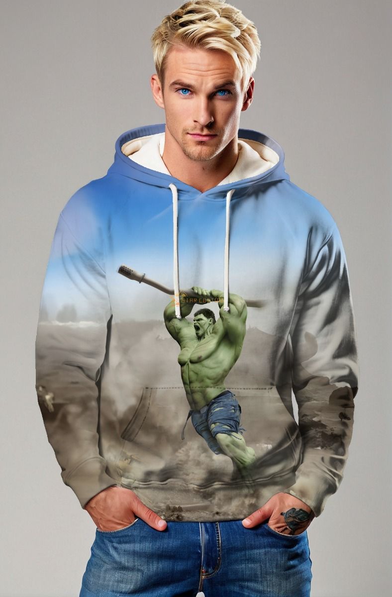 Blue-Grey Hulk Pullover Hoodie – Smash Scene Impact Edition
