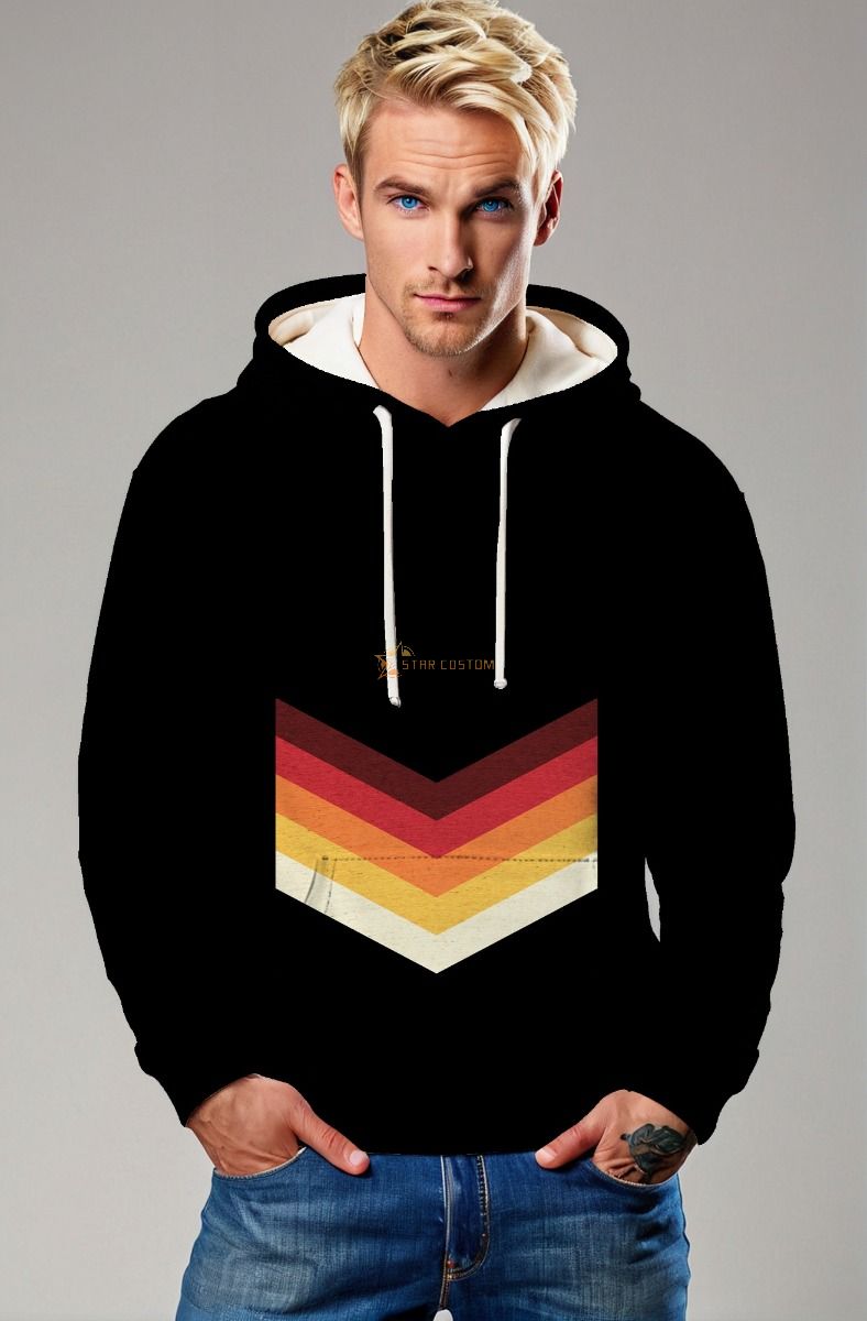 Black Retro Chevron Pullover Hoodie – Vintage Sunset Stripes