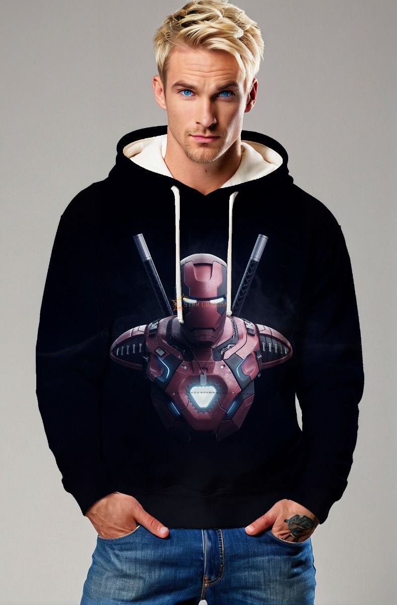 Black Pullover Hoodie – Red Armored Hero with Dual Blades