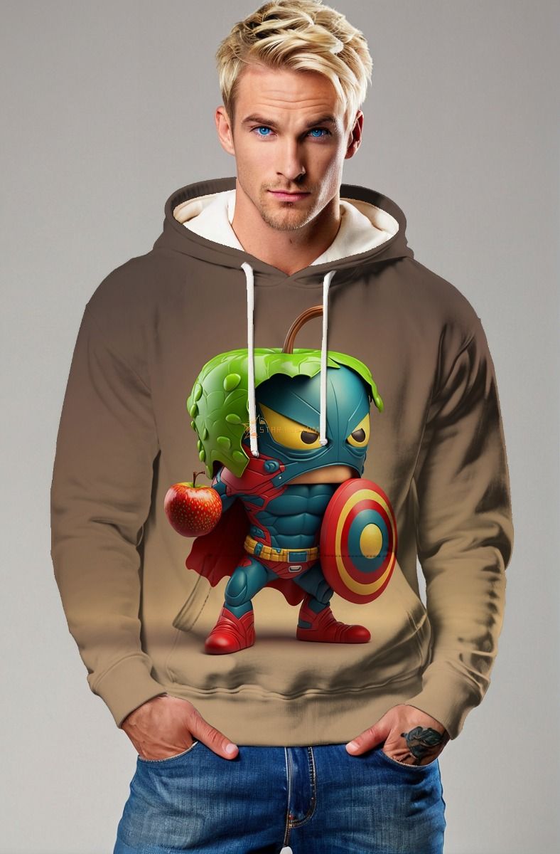 Khaki Pullover Hoodie – Cute Superhero with Apple & Shield Design