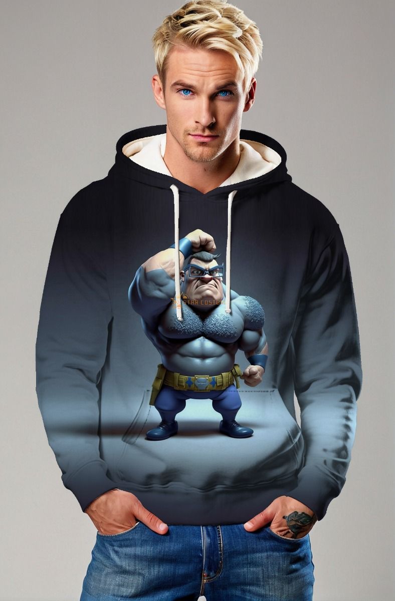 Navy Gradient Pullover Hoodie – Cartoon Strongman Hero in Blue