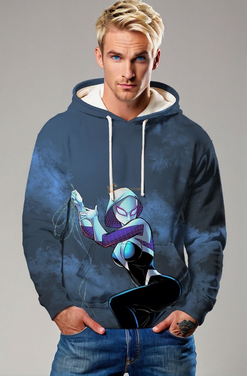 Dark Blue Pullover Hoodie – Spider Girl Hero in Action Pose