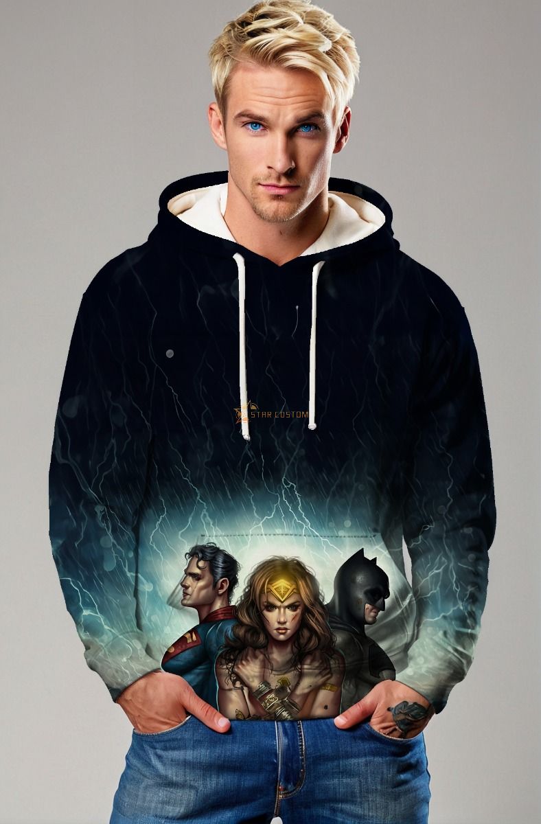 Black-Blue Pullover Hoodie – Wonder Woman, Superman & Batman Unite
