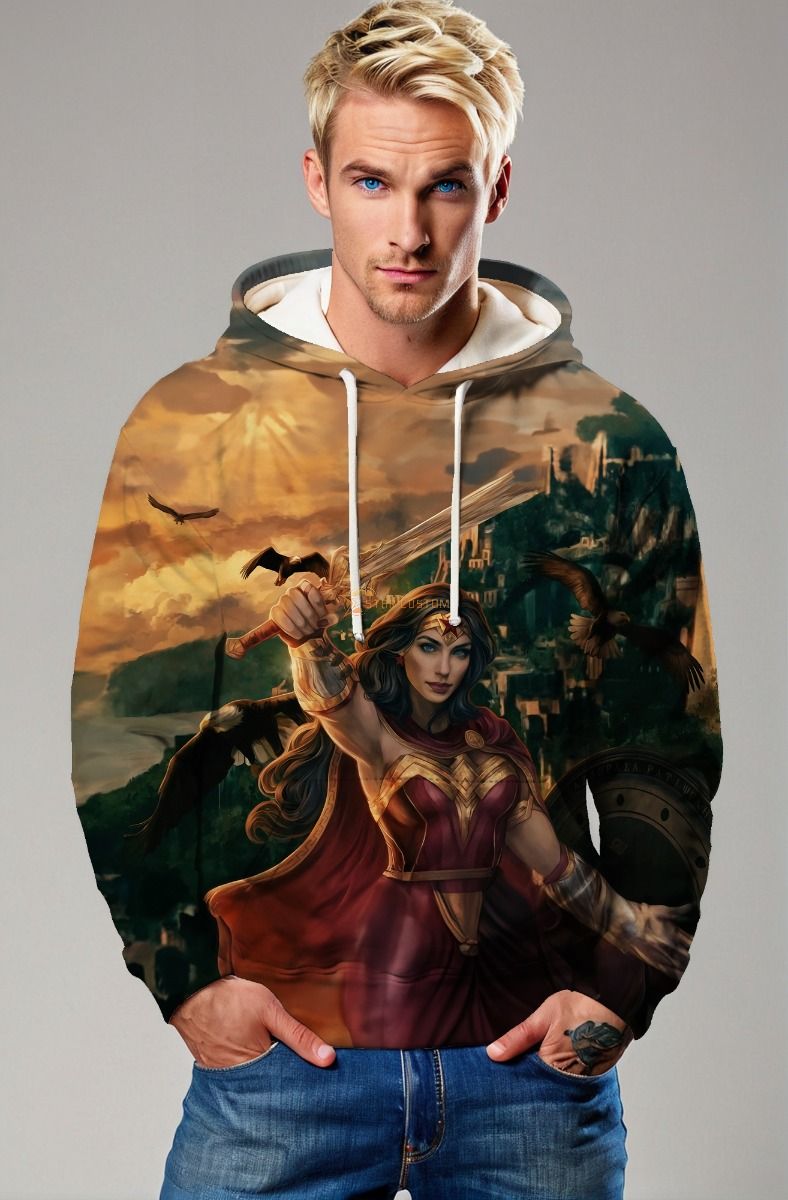Golden-Red Pullover Hoodie – Warrior Goddess in Sunset Glory
