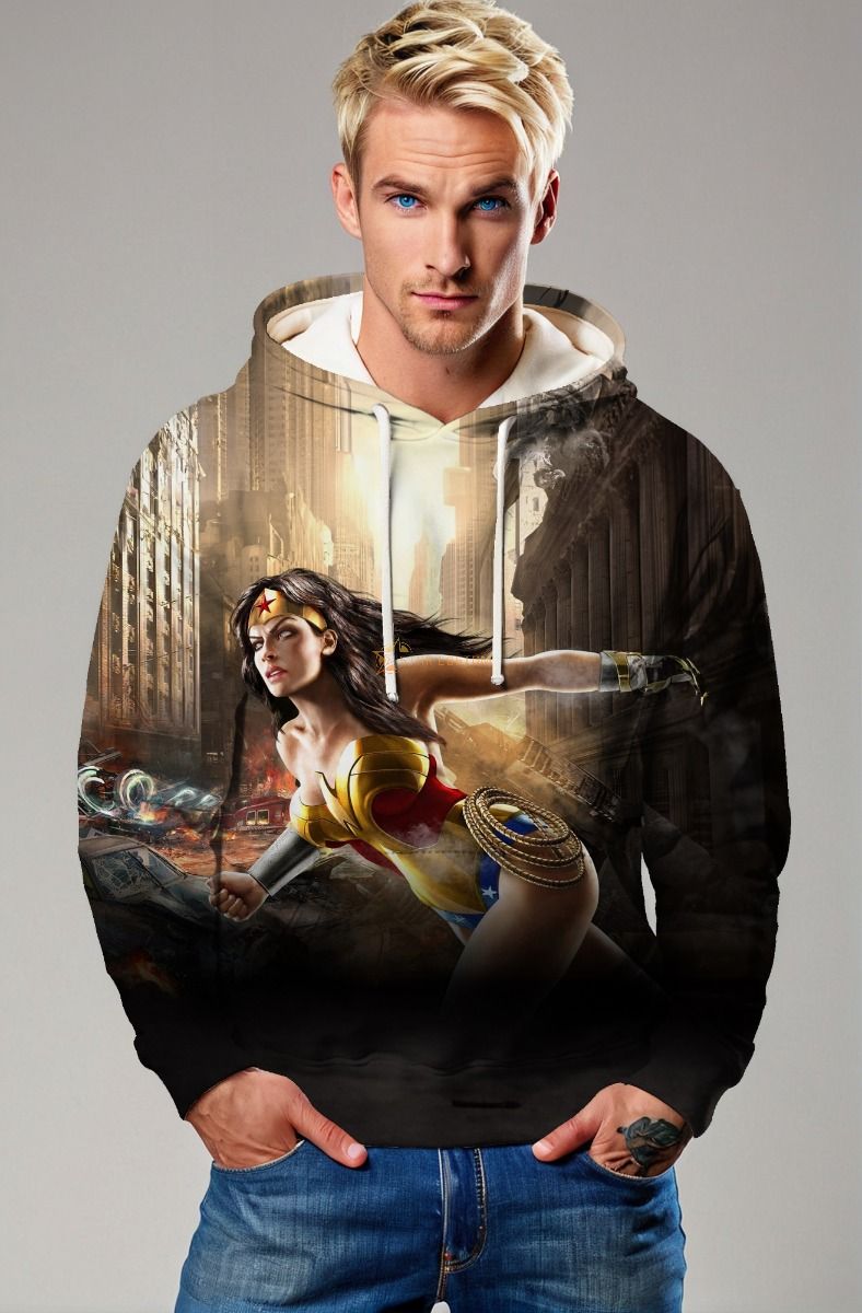Golden-Red-Blue Pullover Hoodie – Urban Warrior Goddess in Action