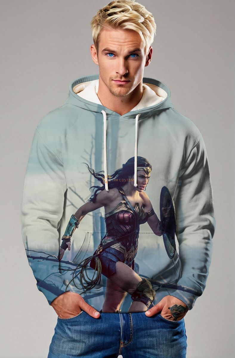 Light Blue-Grey Pullover Hoodie – Fierce Warrior in Action