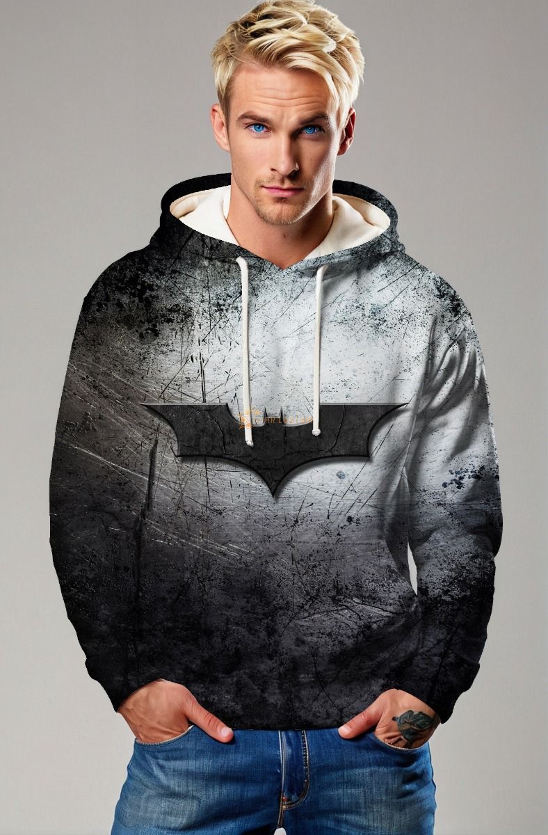 Black & Gray Pullover Hoodie – Scratched Bat Emblem Design