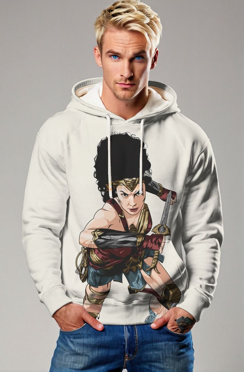 White Pullover Hoodie – Fierce Wonder Warrior Comic Style