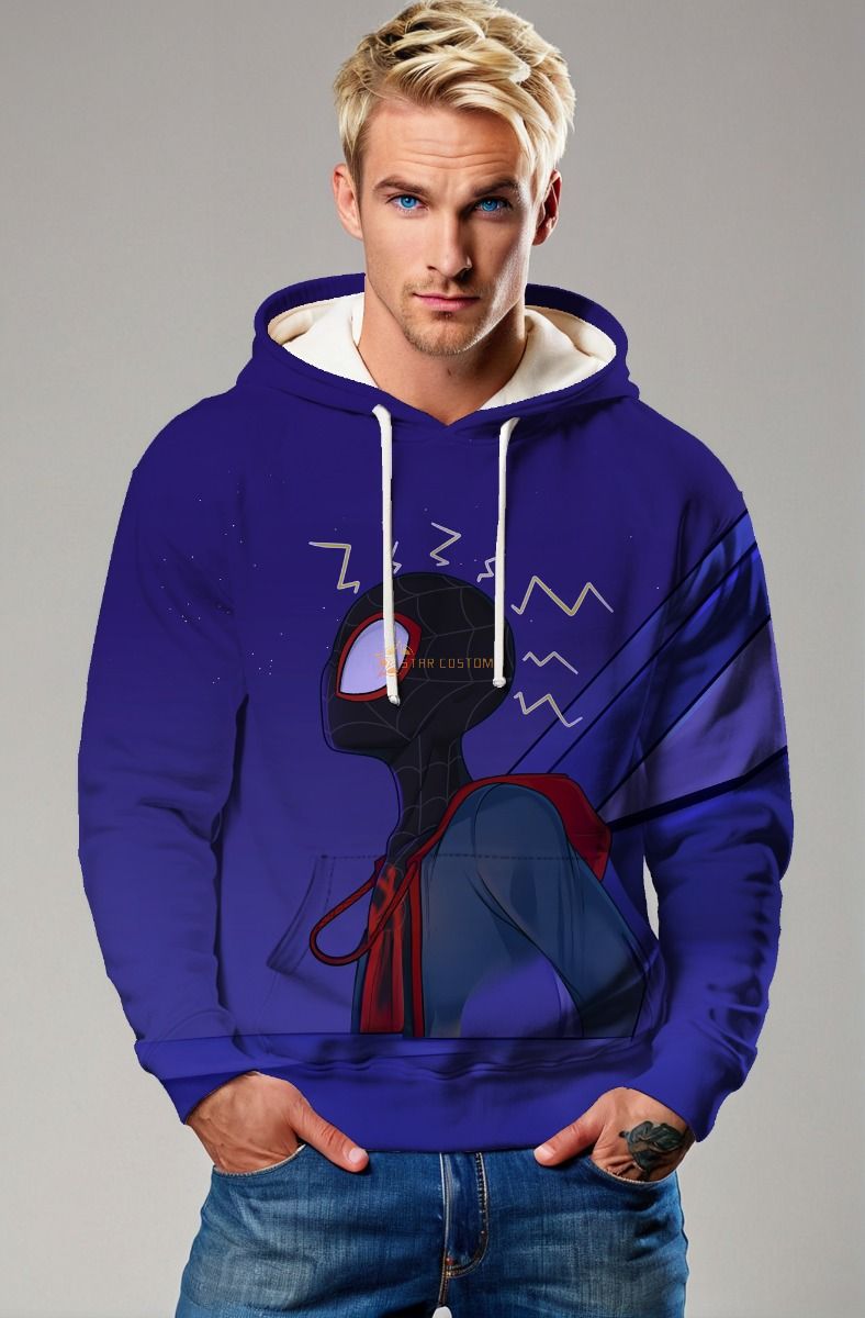 Purple Blue Pullover Hoodie – Miles Morales Comic Style Portrait