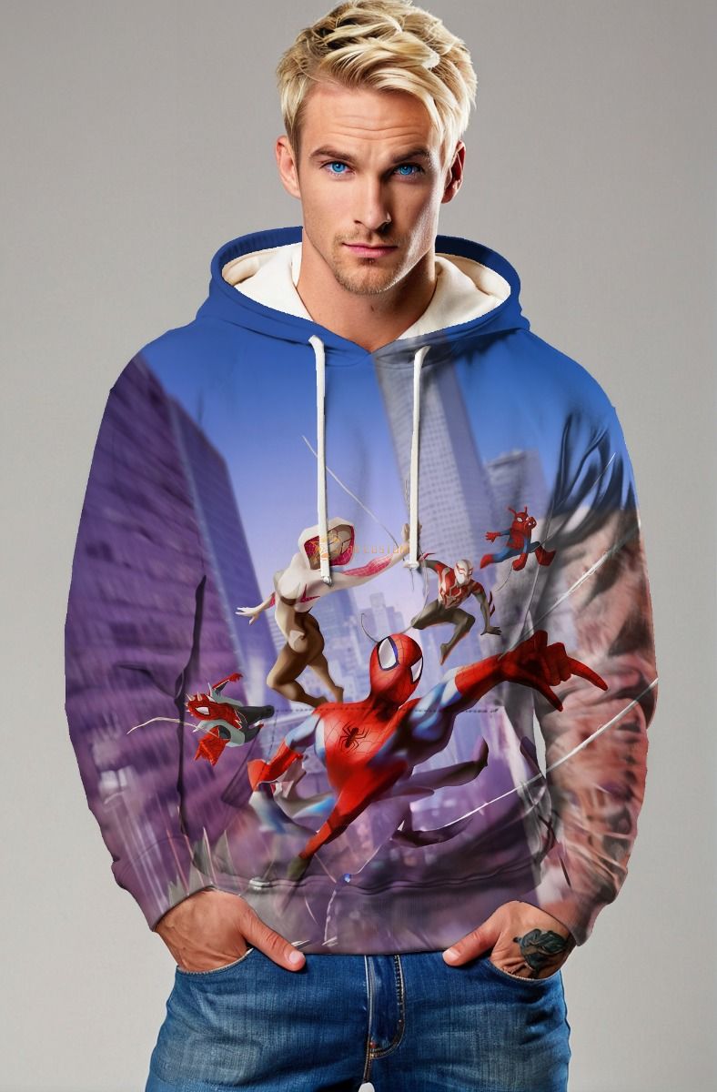 Blue-Purple Spider-Verse Pullover Hoodie – Multi-Spider Heroes City Swing
