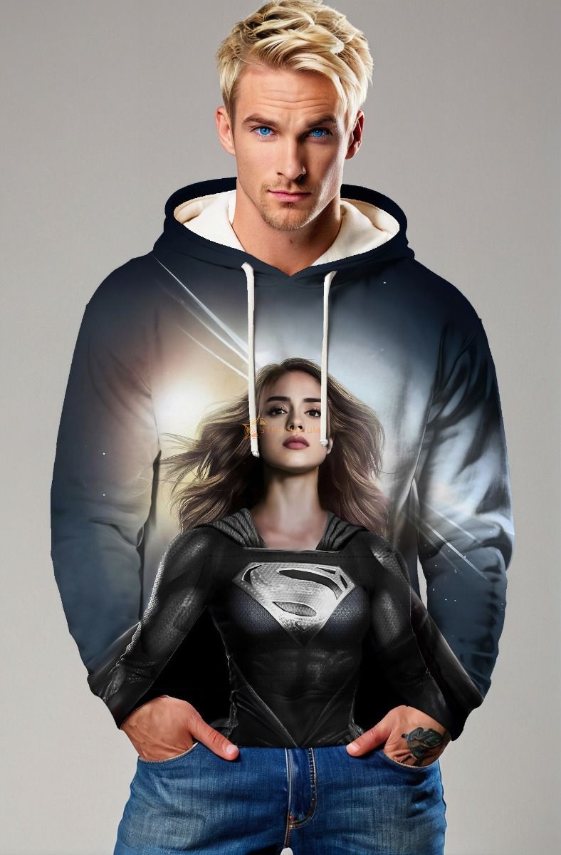 Black Silver Superwoman Pullover Hoodie – Realistic Hero Portrait