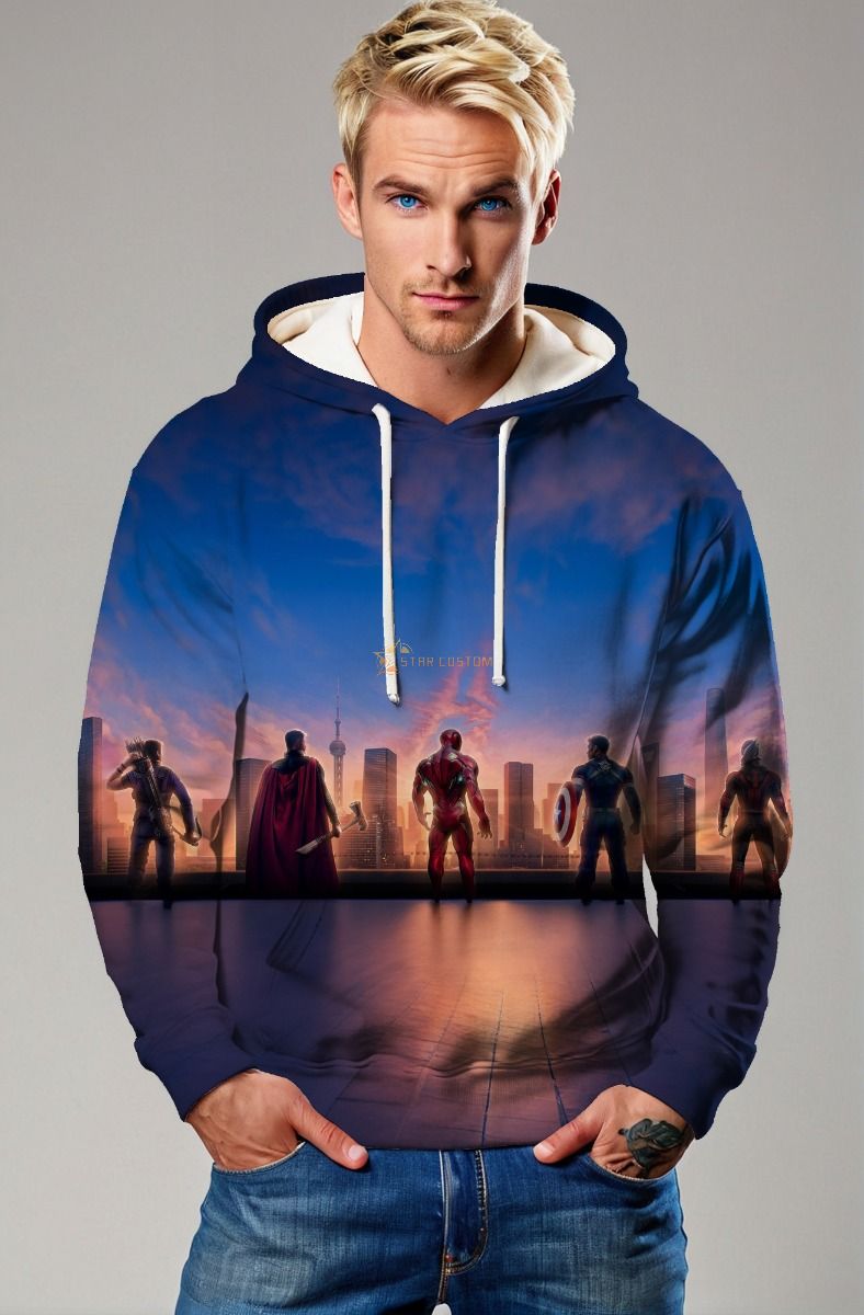 Dark Blue Avengers Sunset Skyline Graphic Hoodie 