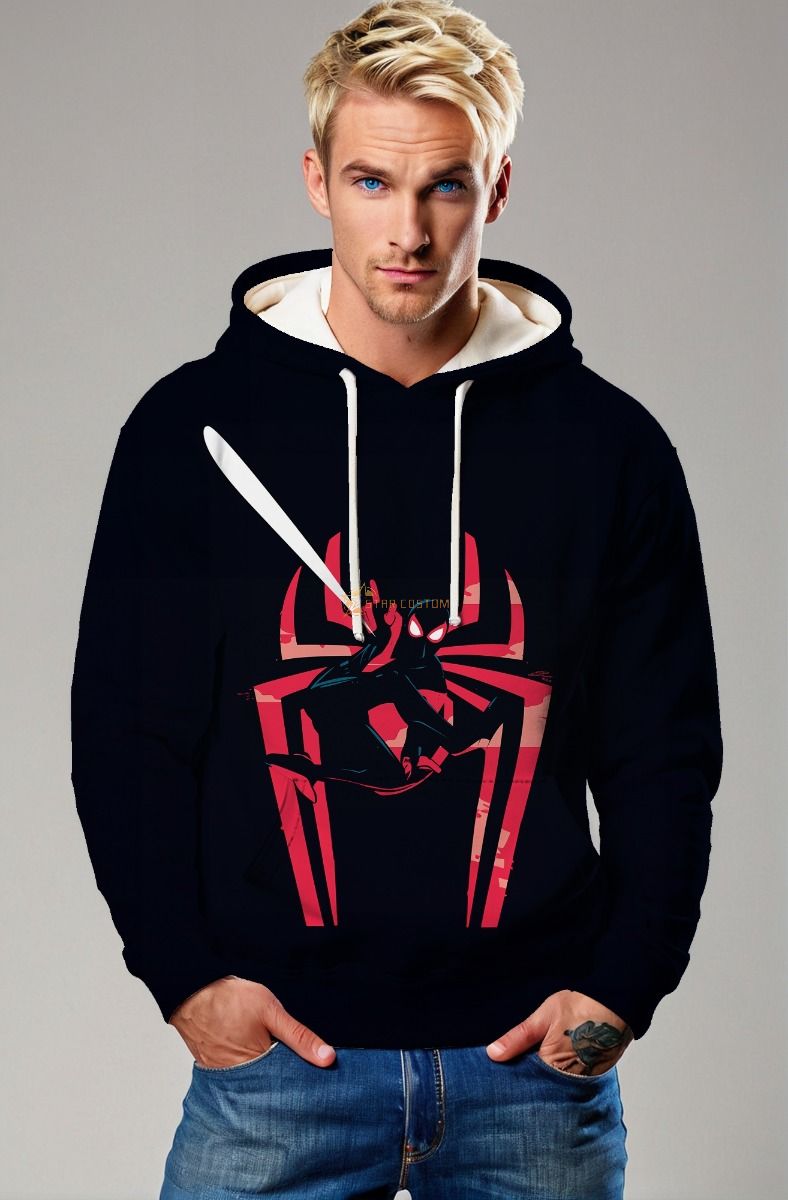 Red Signal Hoodie – Black Hoodie with Stylized Spider Swing Print