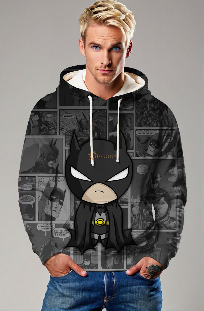 Grumpy Vigilante Hoodie – Black Hoodie with Chibi Dark Hero & Comic Collage