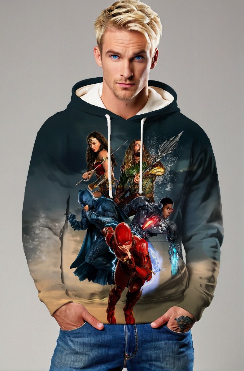 Justice Alliance Hoodie – Gray Blue & Gold Superhero Team Print