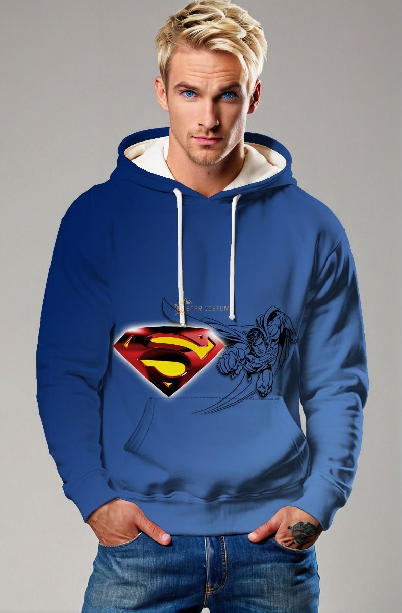 Classic Blue Superman Hoodie – Bold S Emblem with Sketch Fly Pose
