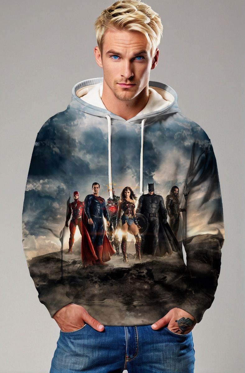 Justice League Unity Pullover Hoodie – Storm Grey & Sky Tones