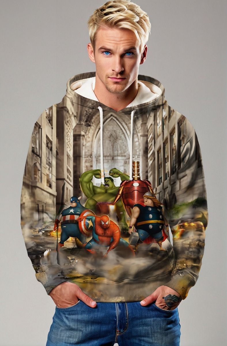 Chibi Heroes Hoodie – Khaki Brown Funny Super Squad Pullover