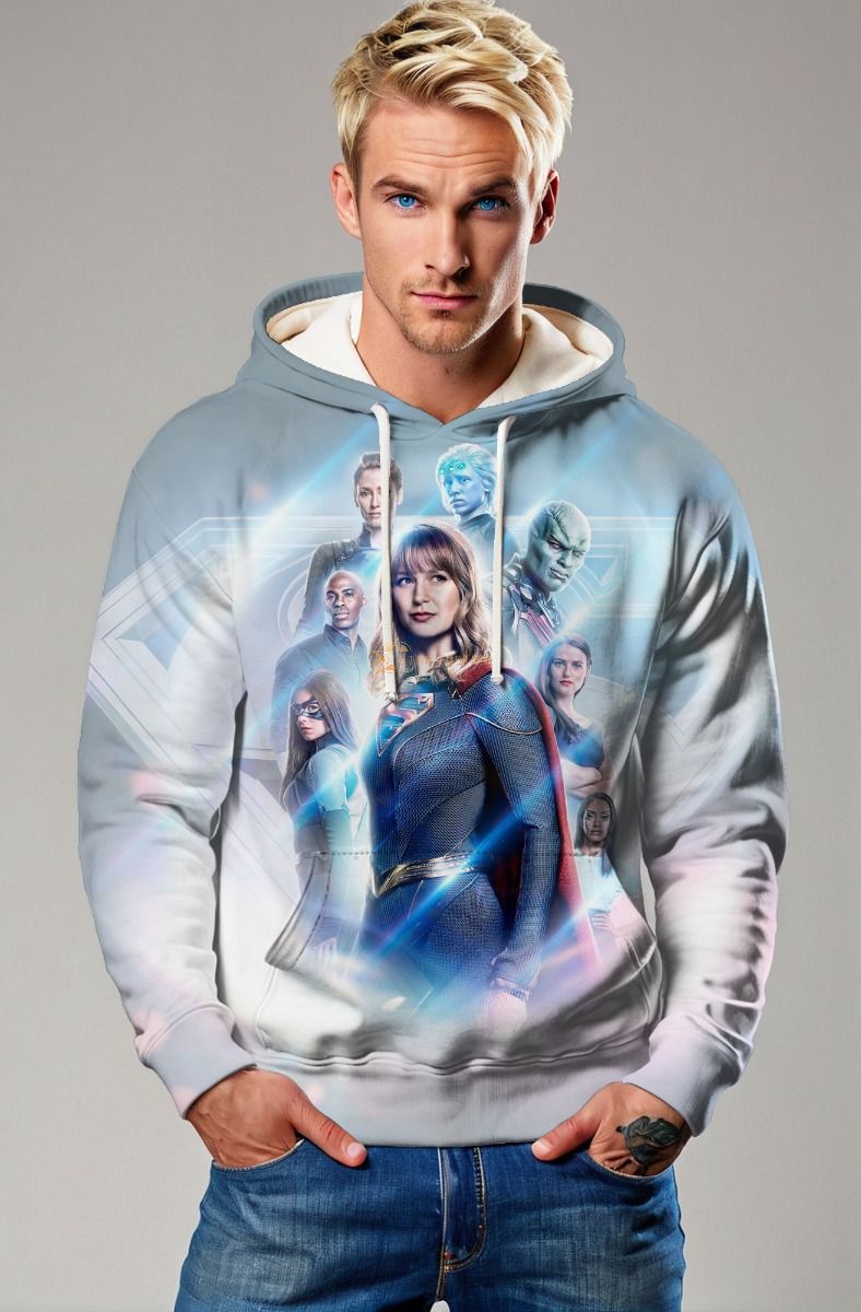 Sky-Blue Supergirl Hoodie – Empowered Graphic Pullover for Heroes at Heart