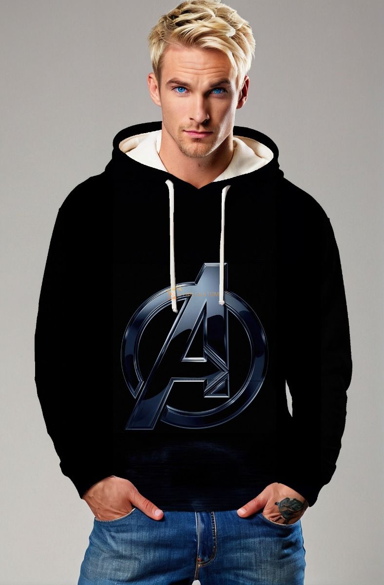 Marvel Avengers Inspired Men’s Black Minimal Logo Pullover Hoodie