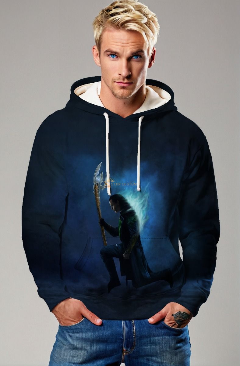 Marvel Loki Inspired Men’s Dark Blue and Gold Staff Pullover Hoodie