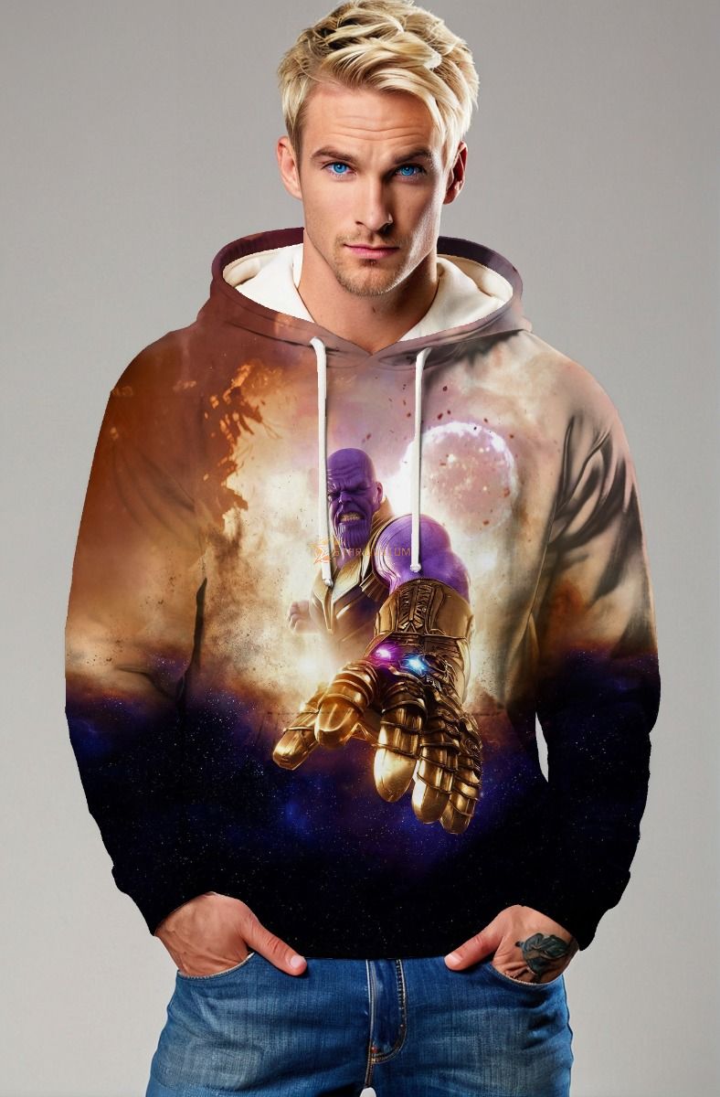 Marvel Avengers Inspired Men’s Purple and Gold Thanos Infinity Gauntlet Pullover Hoodie