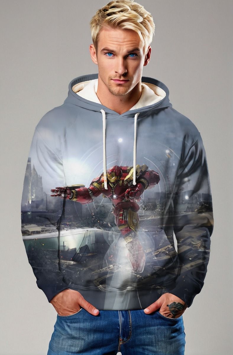 Marvel Avengers Inspired Men’s Red and Gold Hulkbuster Battle Scene Pullover Hoodie