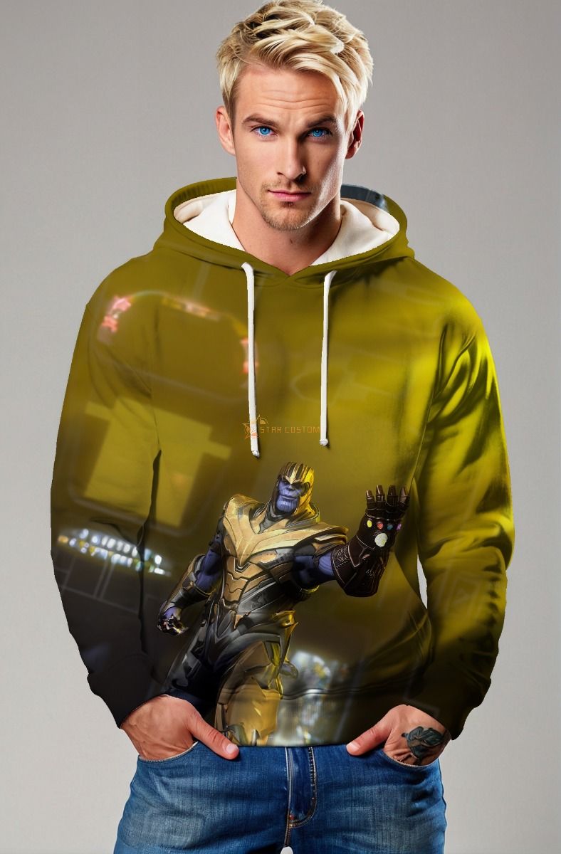 Marvel Villains Inspired Men’s Gold and Black Thanos Infinity Gauntlet Pullover Hoodie