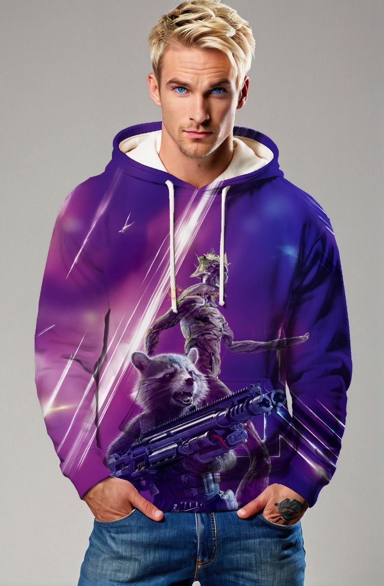 Guardians of the Galaxy Inspired Rocket and Groot Purple Cosmic Pullover Hoodie