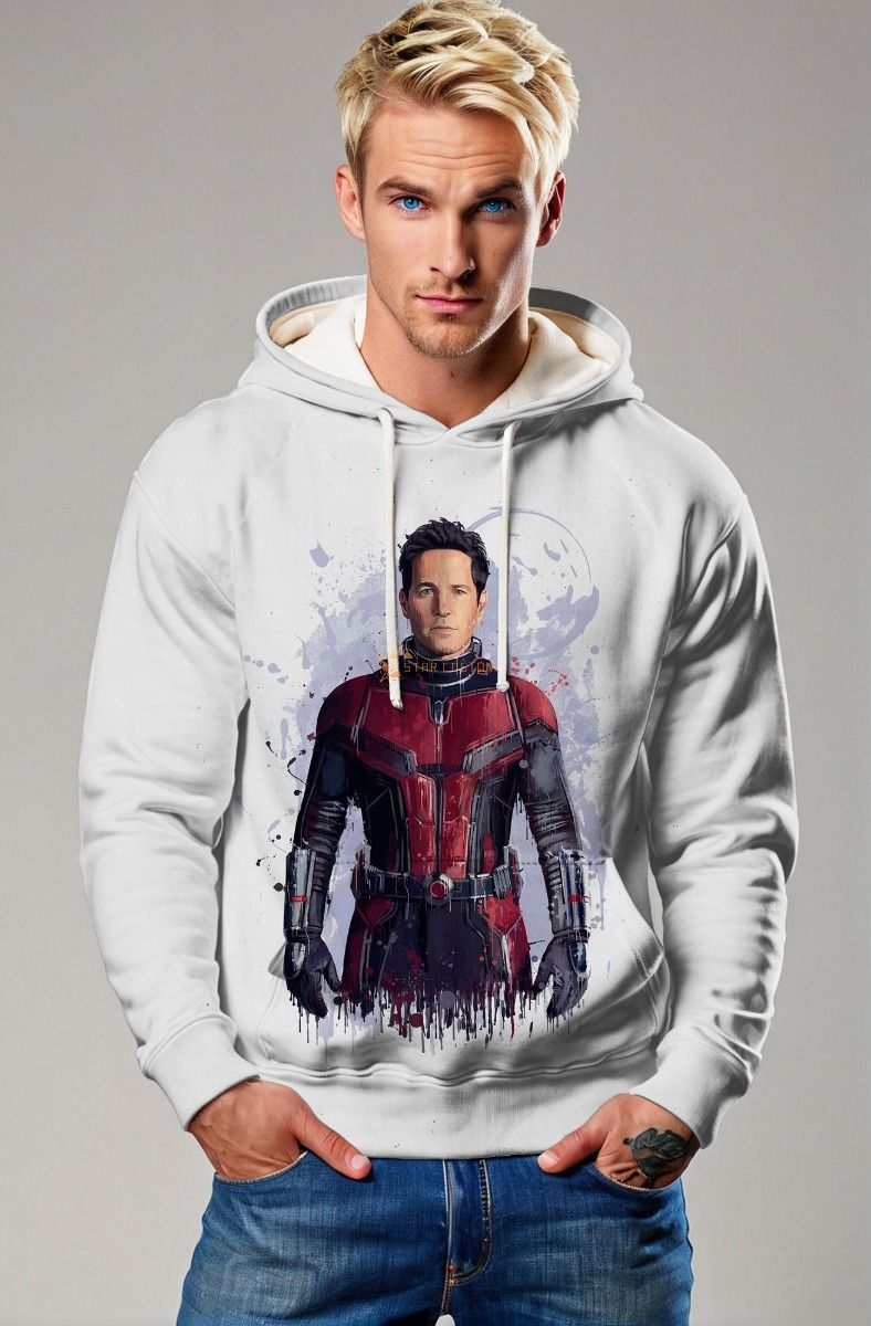 Ant-Man White Pullover Hoodie – Watercolor Superhero Design
