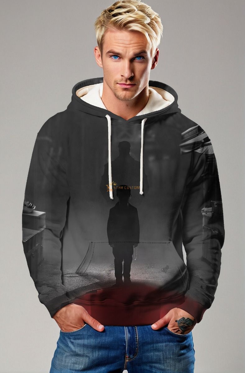 Shadowed Path Hoodie – Black & White Street Silhouette