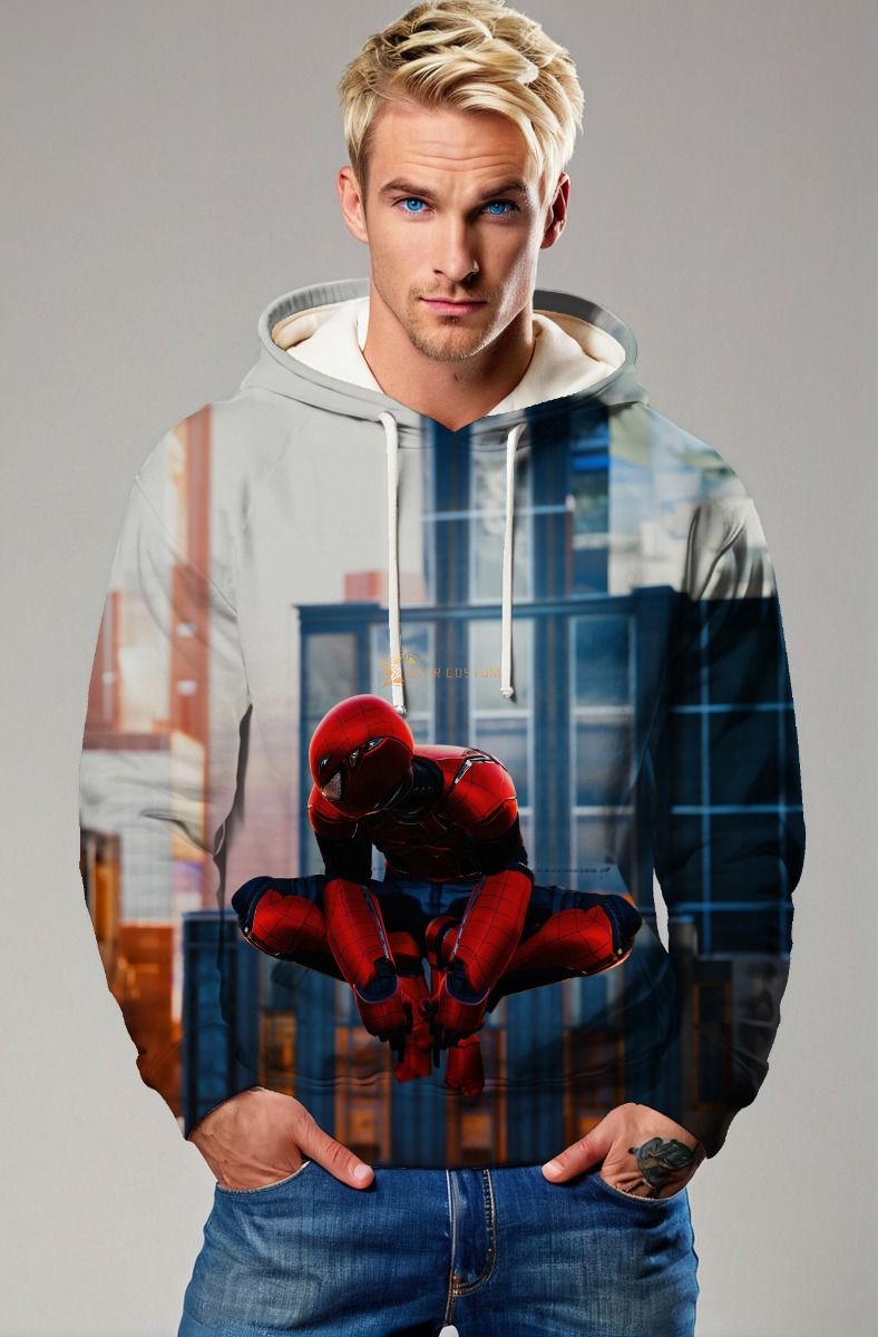 Spider-Man City Skyline Gray & Red Marvel Design Pullover Hoodie