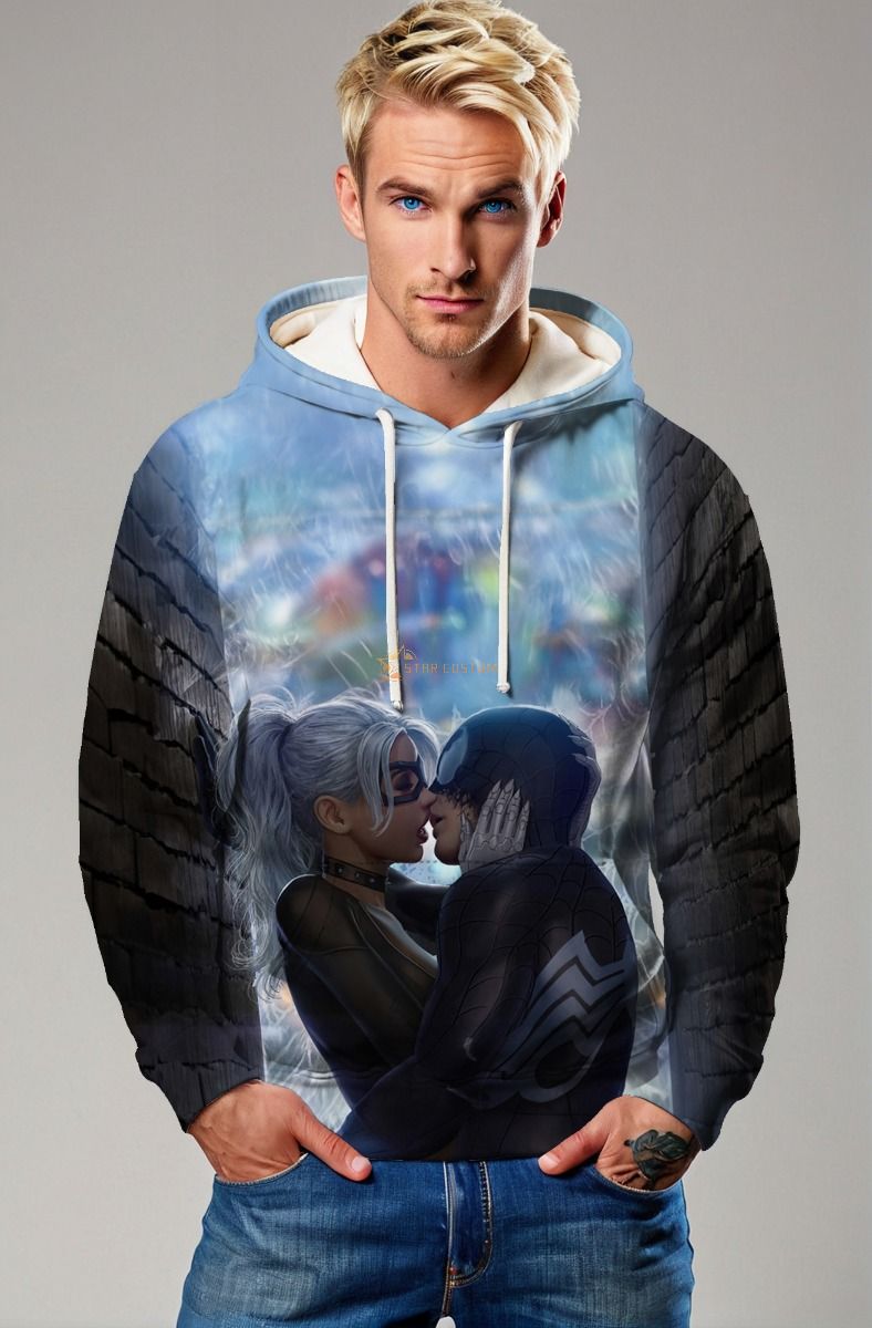 Spider-Man and Black Cat Rain Kiss Blue & Black Marvel Design Pullover Hoodie