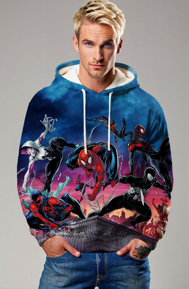 Spider-Man Into the Spider-Verse Team Battle Skyline Marvel Design Pullover Hoodie