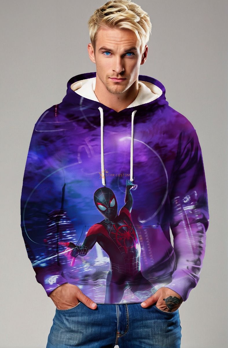 Miles Morales Into the Spider-Verse Neon Skyline Purple Marvel Design Pullover Hoodie