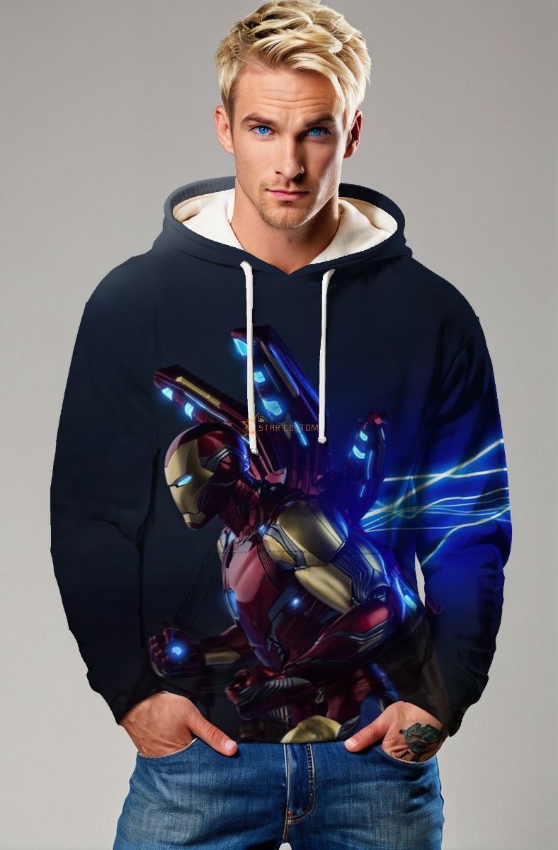 Iron Vortex Hoodie – Navy Blue Tech Armor Hero Pullover