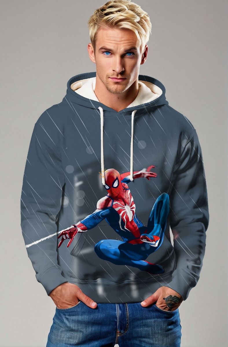 Spider-Man Web-Swinging Rain Scene Dark Blue Pullover Hoodie
