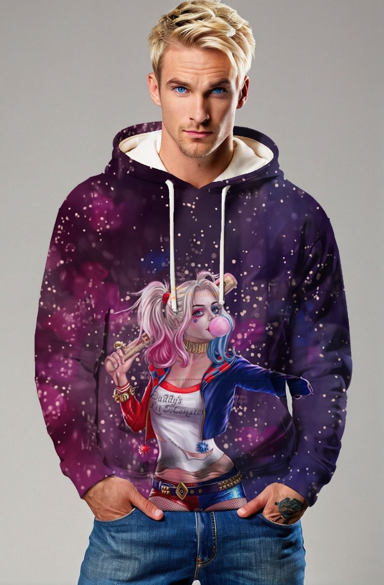 Harley Quinn Galaxy Pop Hoodie – Purple Pink Bubblegum Chaos Pullover