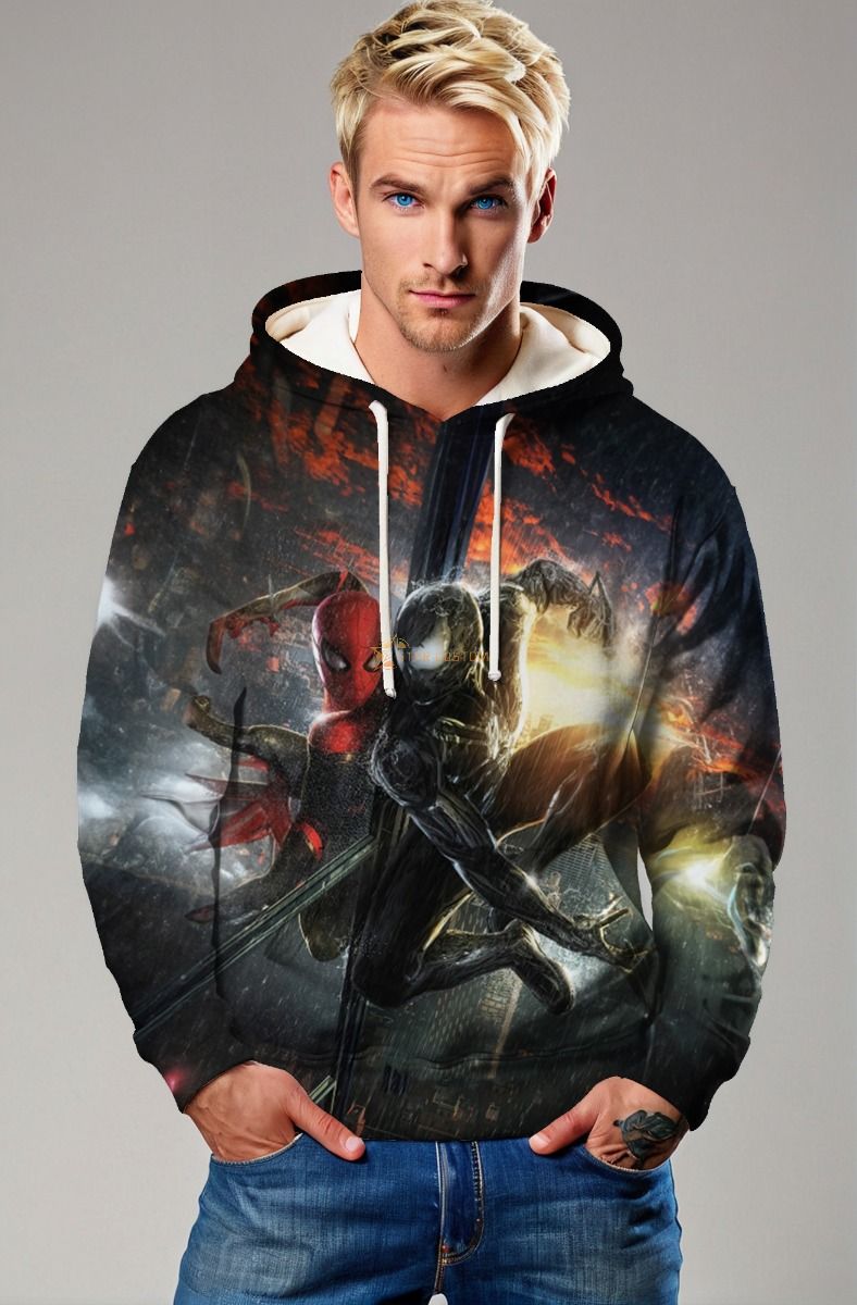 Spider-Man vs Venom Clash Hoodie – Black Red Hero Battle Pullover