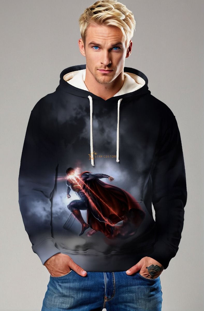 Dark Ascension Hoodie – Laser-Eyed Superman in the Shadows Pullover
