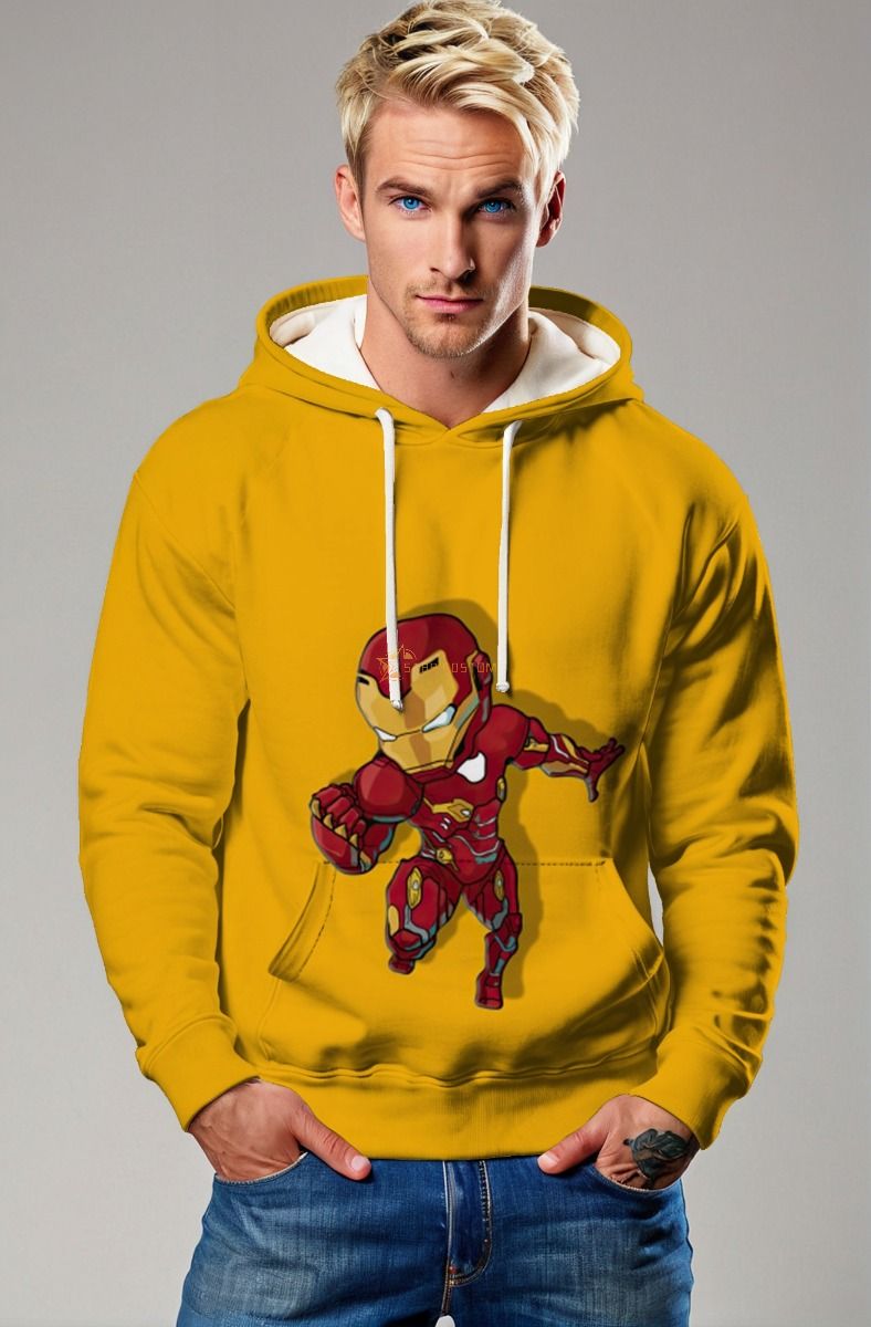 Chibi Armor Hoodie – Yellow & Red Cartoon Iron Man Pullover