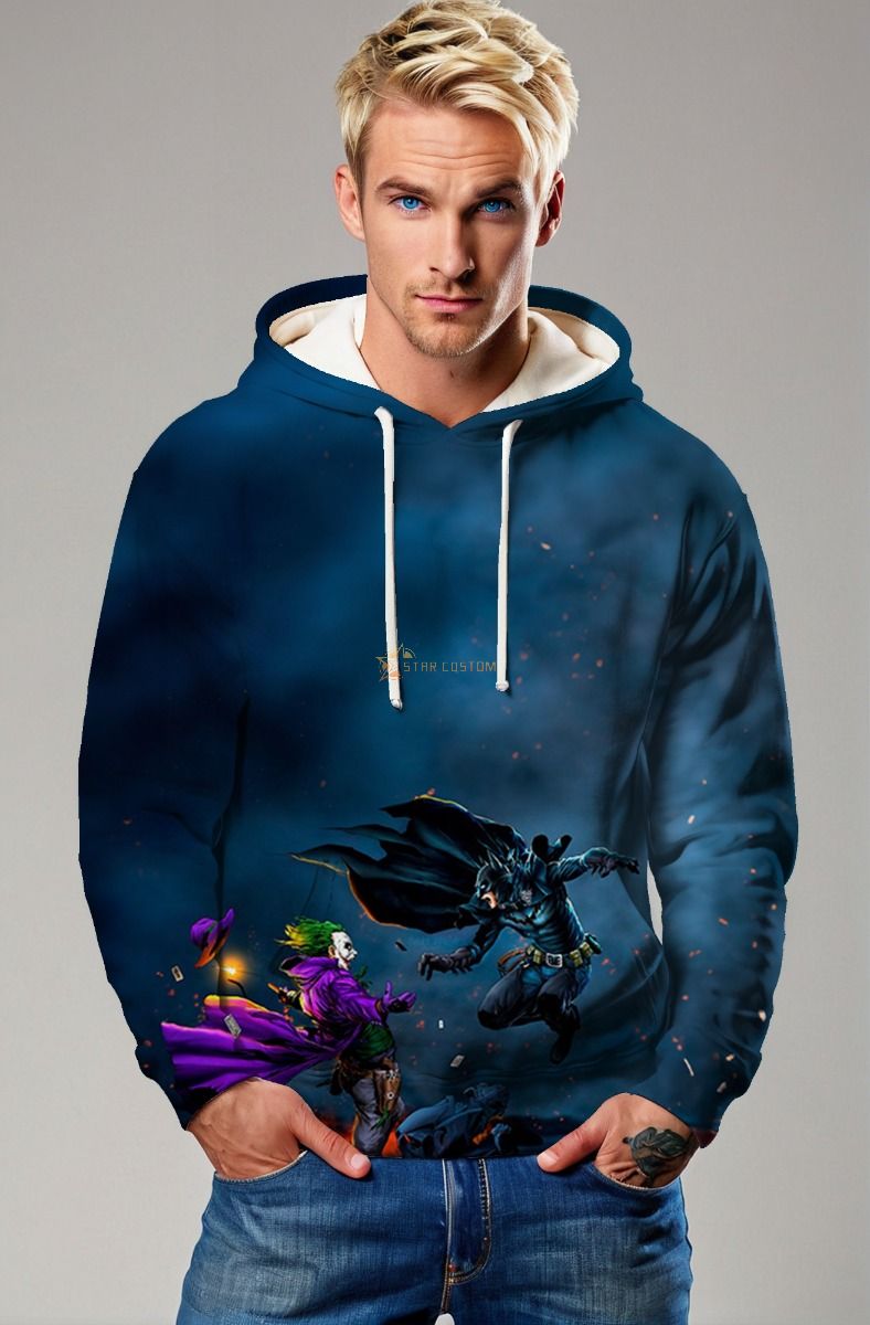 Dark Clash Hoodie – Batman vs. Joker in Blue Twilight