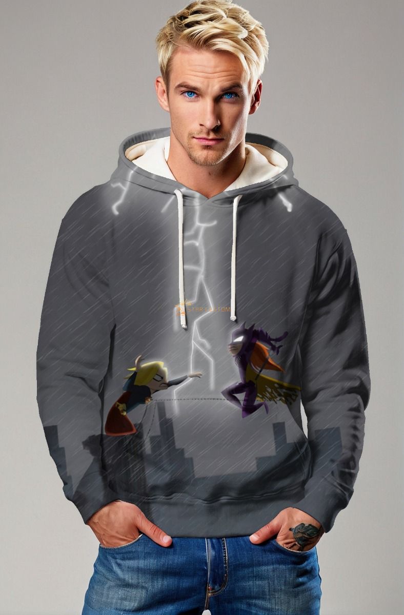 Chibi Clash Hoodie – Stormy Rooftop Showdown