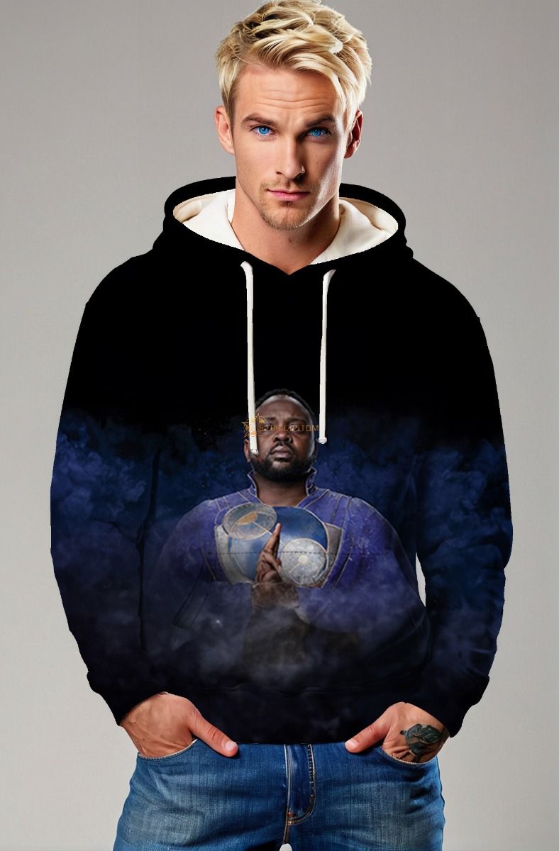 The Phastos Hoodie features the brilliant inventor from Marvel’s Eternals