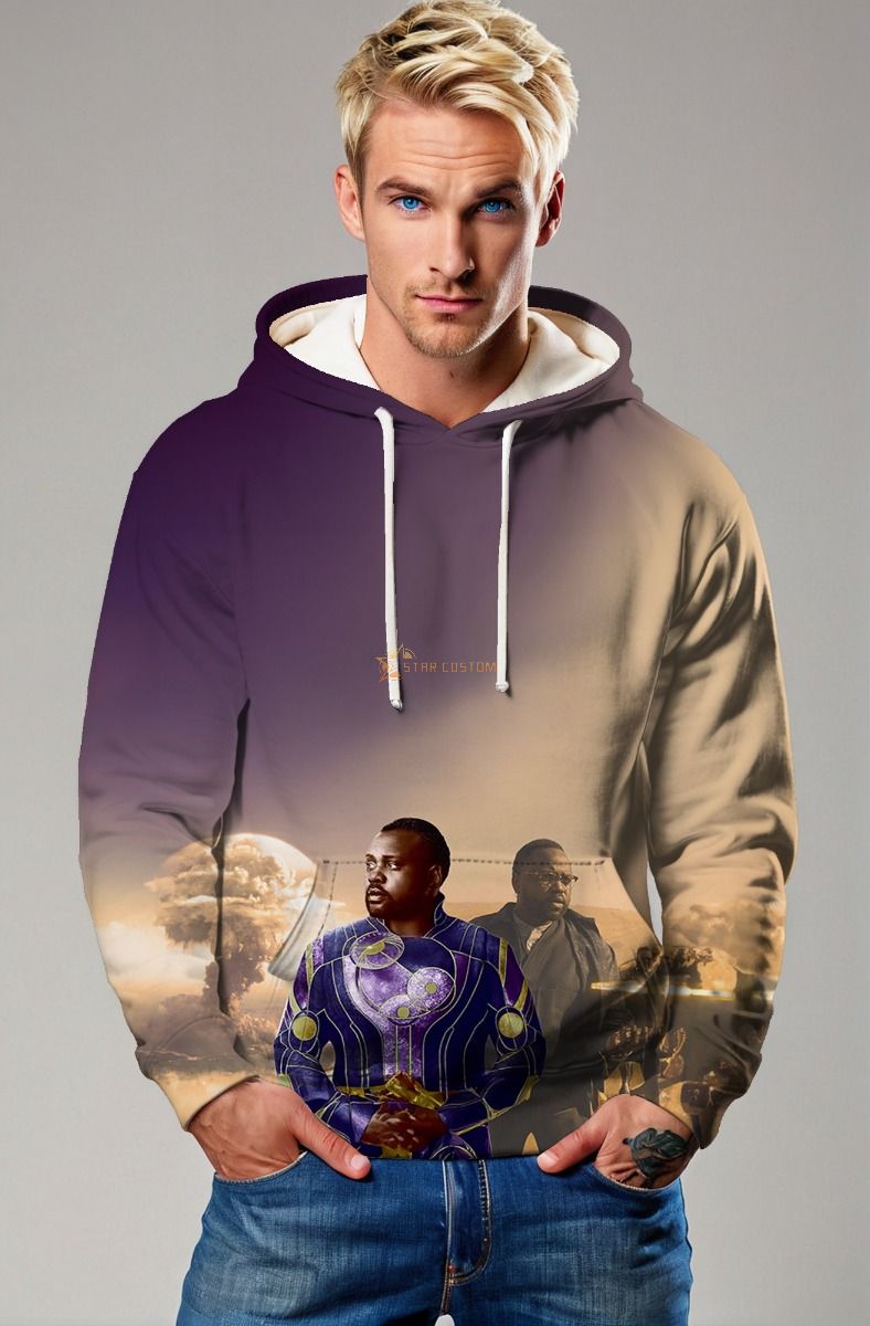 This Phastos Hoodie showcases an iconic image of Phastos in his superhero suit