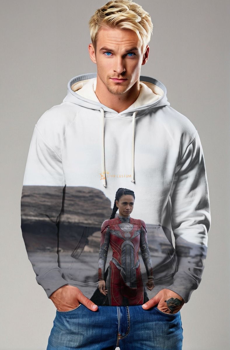 The Makkari Hoodie showcases Makkari in her dynamic superhero suit