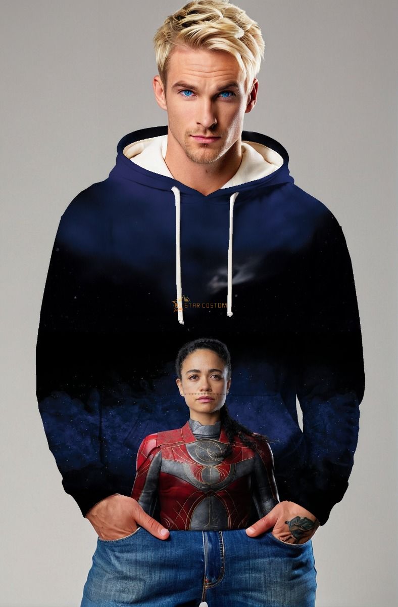 The Makkari Hoodie features a stylish and cozy design, showcasing Makkari in action with her Eternals suit.