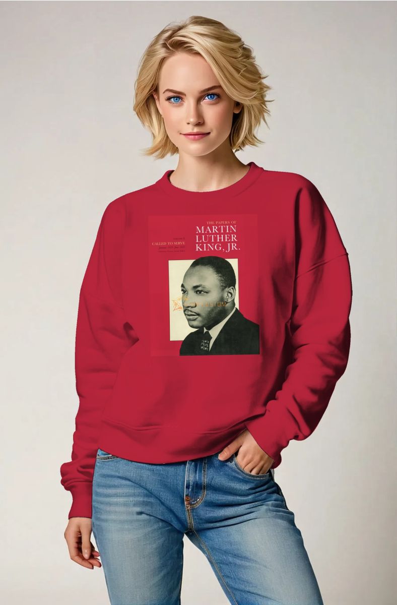 Radiant Red Patchwork Print Martin Luther King Stylish Crewneck Sweatshirt