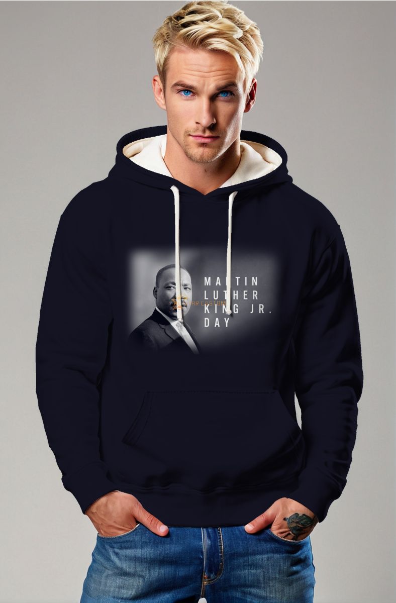 Stylish Dark Blue Martin Luther King Print Hoodie