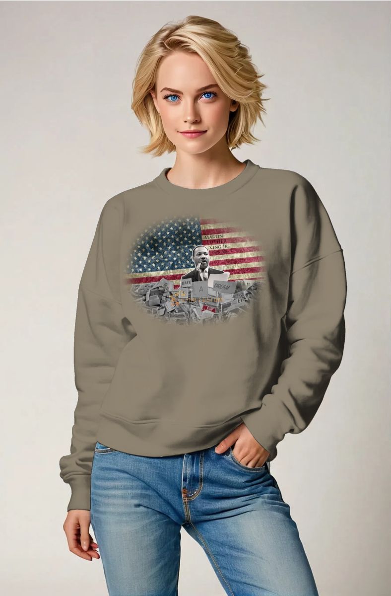 Street Style Martin Luther King Graphic Khaki Crewneck Sweatshirt